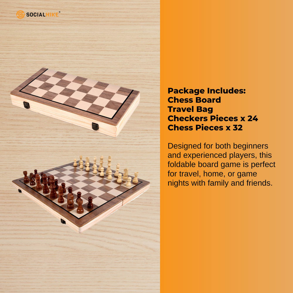 Social Hike 2 in 1 Magnetic Wooden Chess and Checkers Set - Portable Game Board