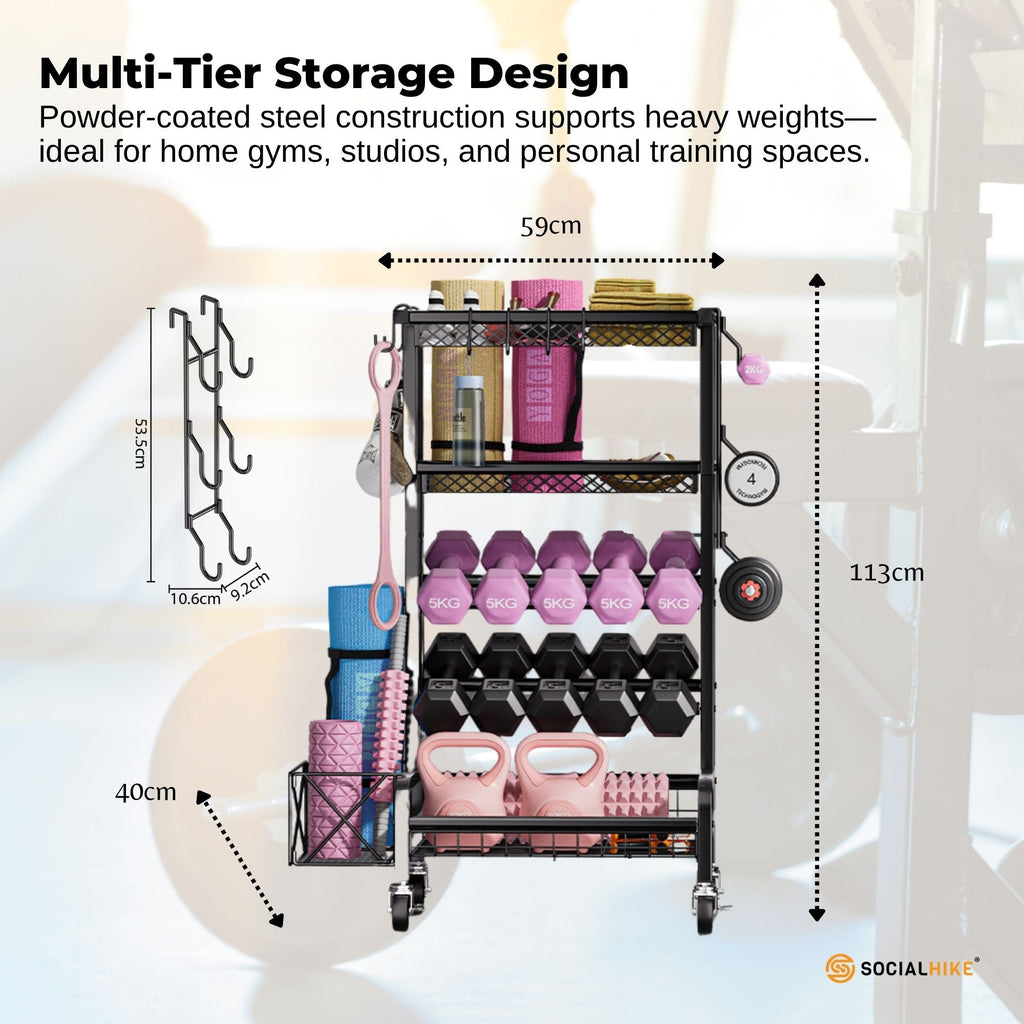 Social Hike Gym Equipment Storage Rack on Wheels - Dumbbells Weights Stand