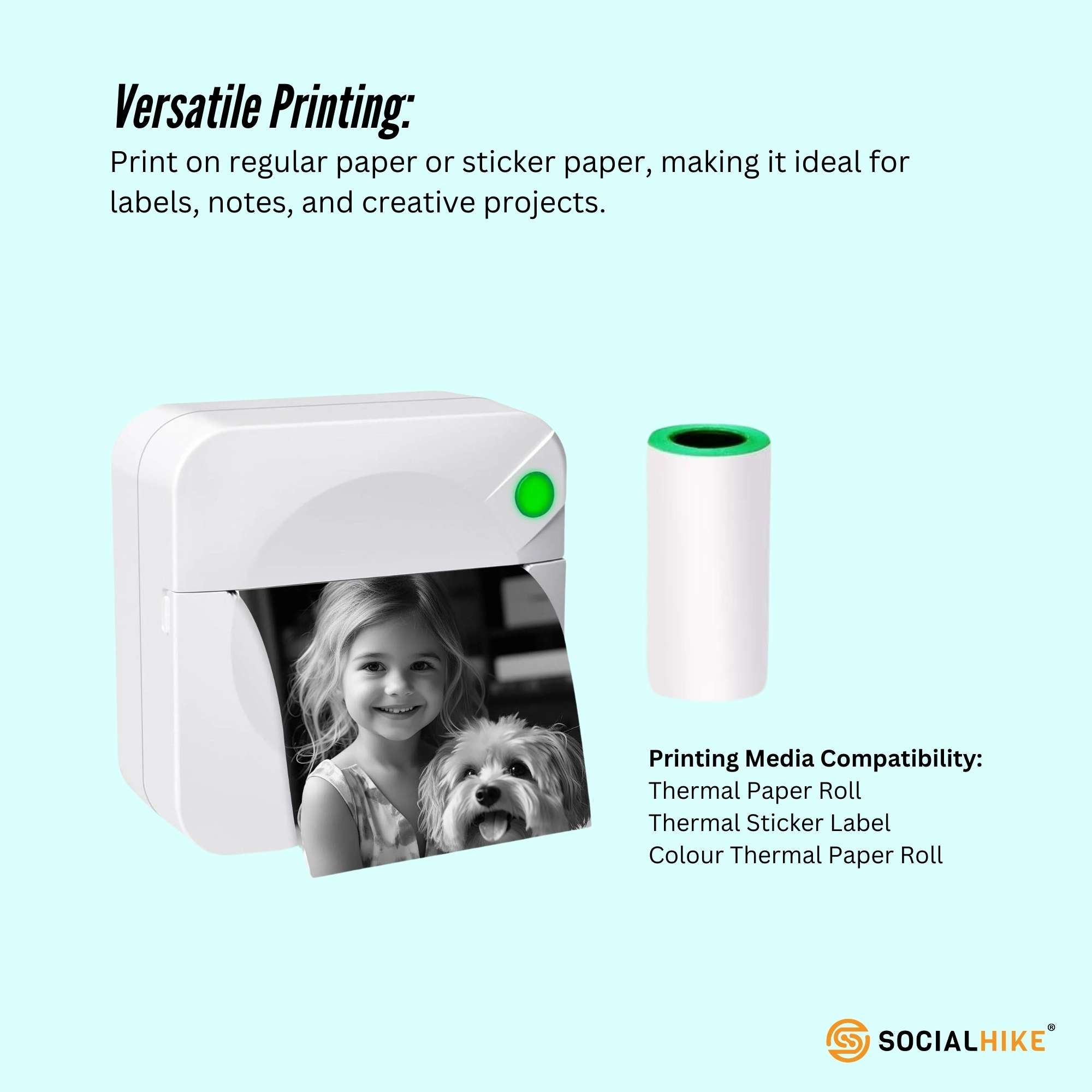 Social Hike Portable Mini Printer White - Inkless Bluetooth Phone Pocket Thermal Printing