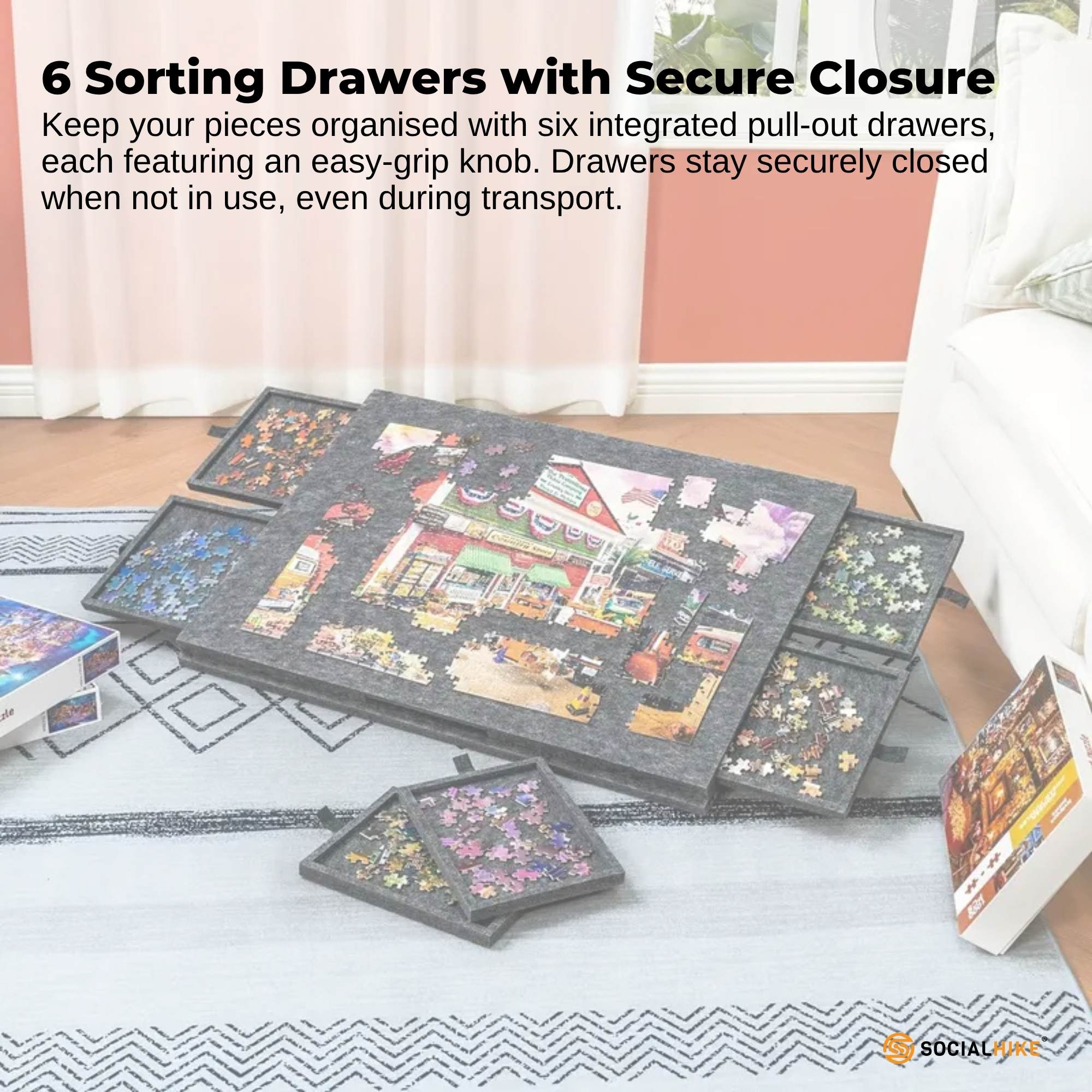 Social Hike Puzzle Board - Felt Tilting Portable Cover + Drawers Grey