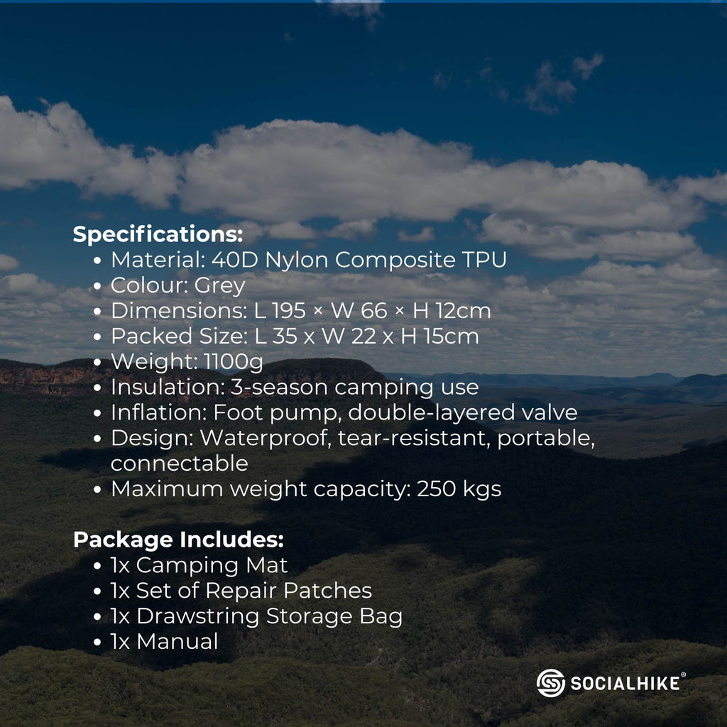 Social Hike Step-Inflating Camping Mattress Lightweight Waterproof Sleeping Grey
